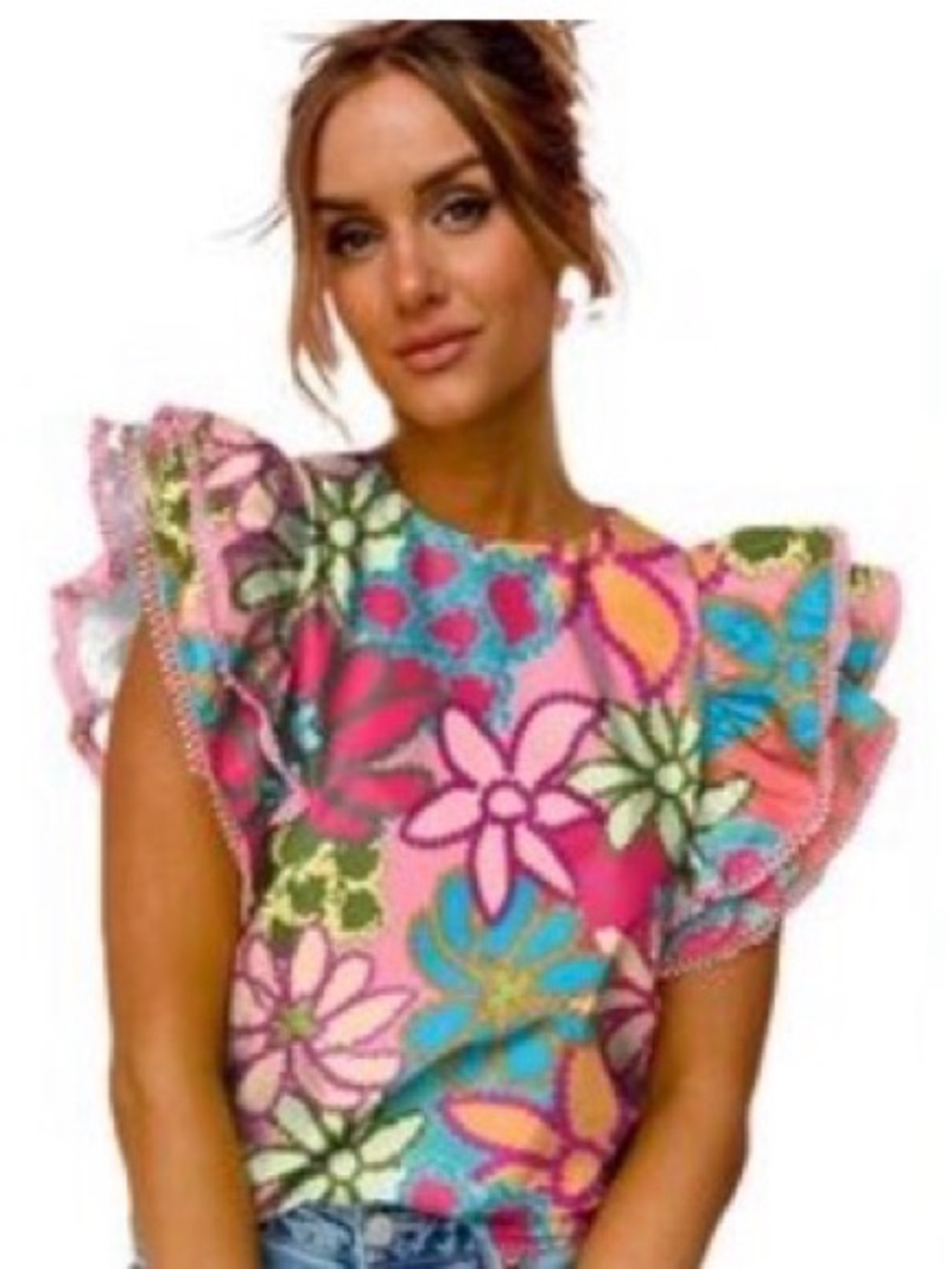 Floral Flutter Sleeve Top - Pink Multi